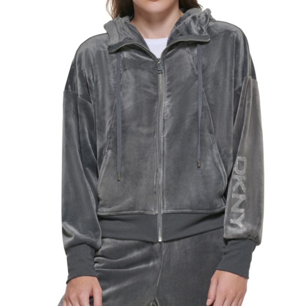 DKNY Velour Diamante Logo Zip up Hoodie, Frost Grey, Size: Small
